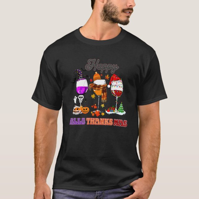 Happy Hallothanksmas Wine Glasses Witch Santa Hat T-Shirt (Vorderseite)