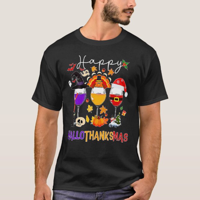 Happy Hallothanksmas Wine Glasses Witch Santa Hat  T-Shirt (Vorderseite)