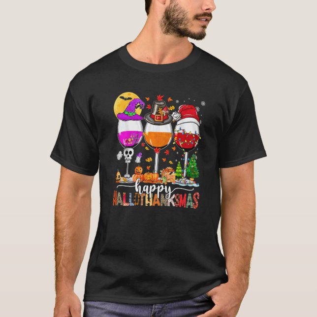 Happy Hallothanksmas Wine Glasses Witch Santa Hat  T-Shirt (Vorderseite)