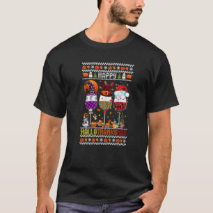 Happy Hallothanksmas Wine Glasses Witch Santa Hat T-Shirt