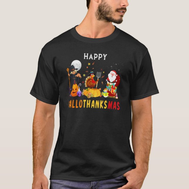Happy HalloThanksMas Witch Turkey Santa Three Holi T-Shirt (Vorderseite)