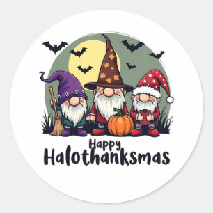 Happy Hallothanksmas Xmas Halloween Gnomes Runder Aufkleber