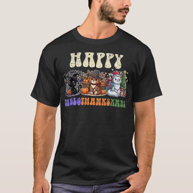 Happy Hallothanksxmas Cat Halloween Thanksgiving C T-Shirt (Vorderseite)