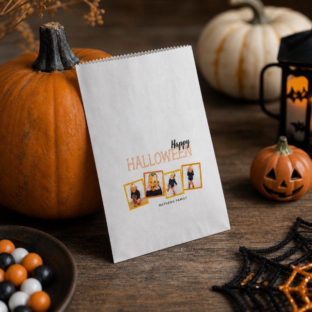 Happy Halloween 4 Foto Collage Orange Geschenktütchen (Turn favorite Halloween memories into an unforgettable party favor with this personalized four-photo)