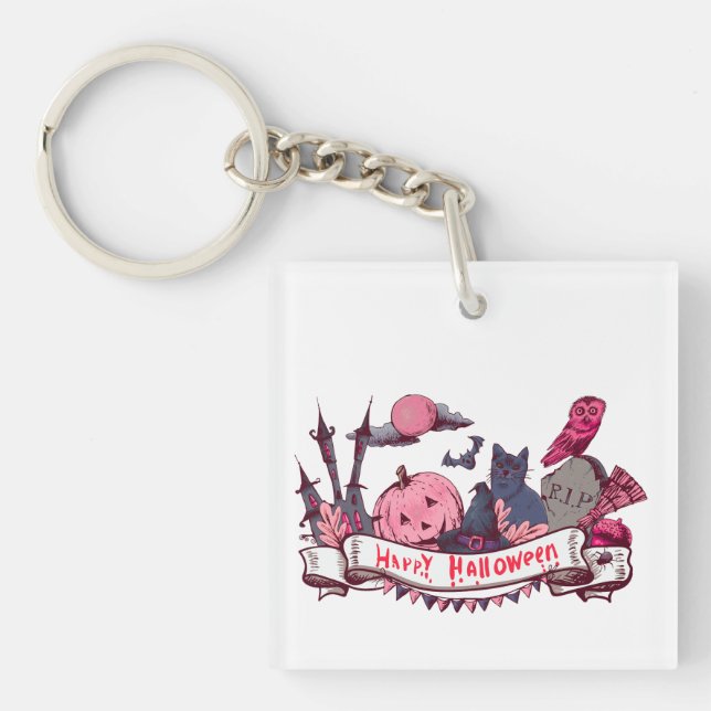 Happy Halloween Banner with Castle, Pumpkin, Black Schlüsselanhänger (Vorderseite)