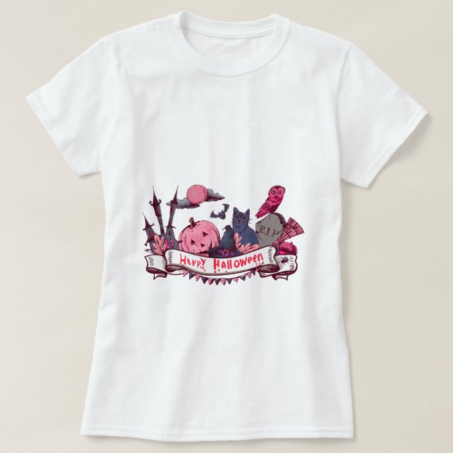 Happy Halloween Banner with Castle, Pumpkin, Black T-Shirt (Design vorne)