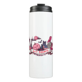 Happy Halloween Banner with Castle, Pumpkin, Black Thermosbecher