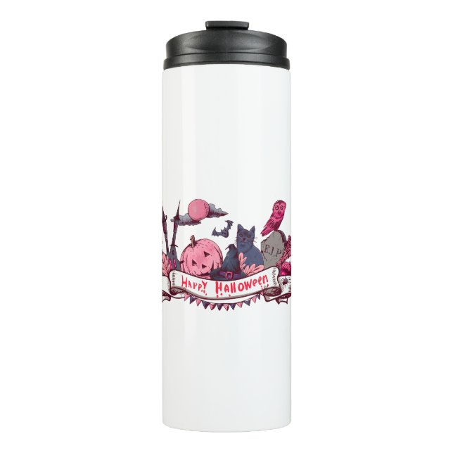 Happy Halloween Banner with Castle, Pumpkin, Black Thermosbecher (Vorderseite)