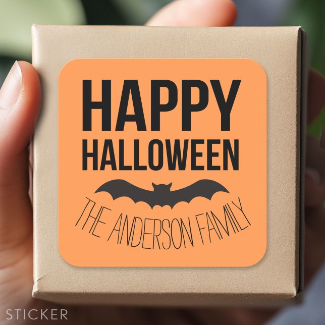 Happy Halloween Bat mit schwarzem Namen Quadratischer Aufkleber (Custom Sticker - Personalize with your info for a party favor or gift)