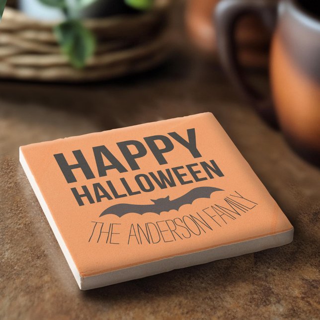 Happy Halloween Bat mit schwarzem Namen Steinuntersetzer (Custom Stone Coaster)