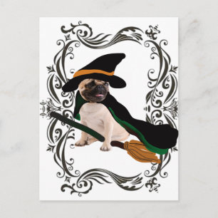 Happy halloween Besenwitscher Mops Postkarte