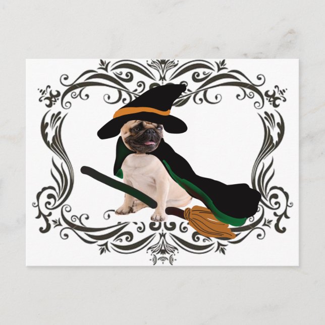 Happy halloween Besenwitscher Mops Postkarte (Vorderseite)