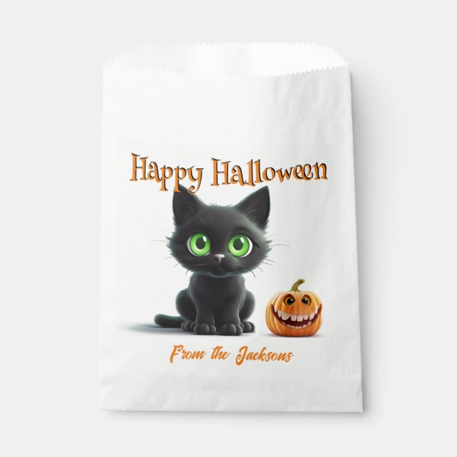 Happy Halloween BIG GRÜNE MIT AUGEN SCHWARZE KATZE Geschenktütchen (Vorderseite)