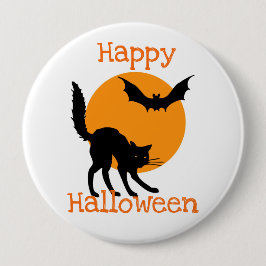 Happy Halloween Black Cat and Bat Button