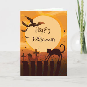 Happy Halloween Black Cat and Bats Karte