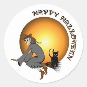 Happy Halloween Black Cat and Hexe Runder Aufkleber