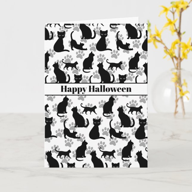 Happy Halloween Black Cat Anpassbare Karte (Gelbe Blume)