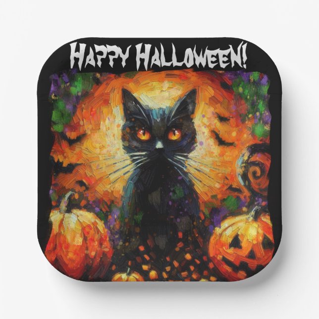 Happy Halloween Black Cat Bats Pumpkins Pappteller (Vorderseite)