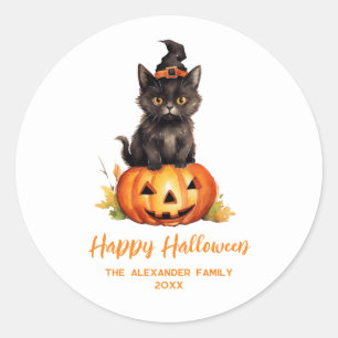 Happy Halloween Black Cat Hexenhut Pumpkin Runder Aufkleber
