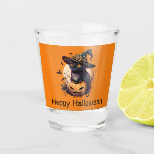 Happy Halloween Black Cat Jack-o-Lantern Orange Schnapsglas
