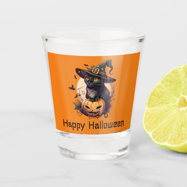 Happy Halloween Black Cat Jack-o-Lantern Orange Schnapsglas (Vorderseite)