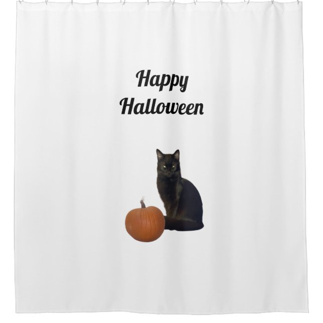 Happy Halloween Black Cat Orange Pumpkin White Duschvorhang (Vorderseite)
