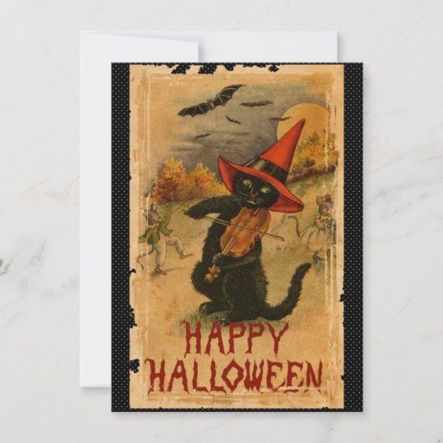 Happy Halloween Black Cat Playing Fiddle Bats Karte (Vorderseite)