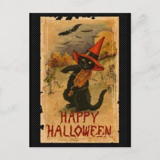 Happy Halloween Black Cat Playing Fiddle Bats Postkarte