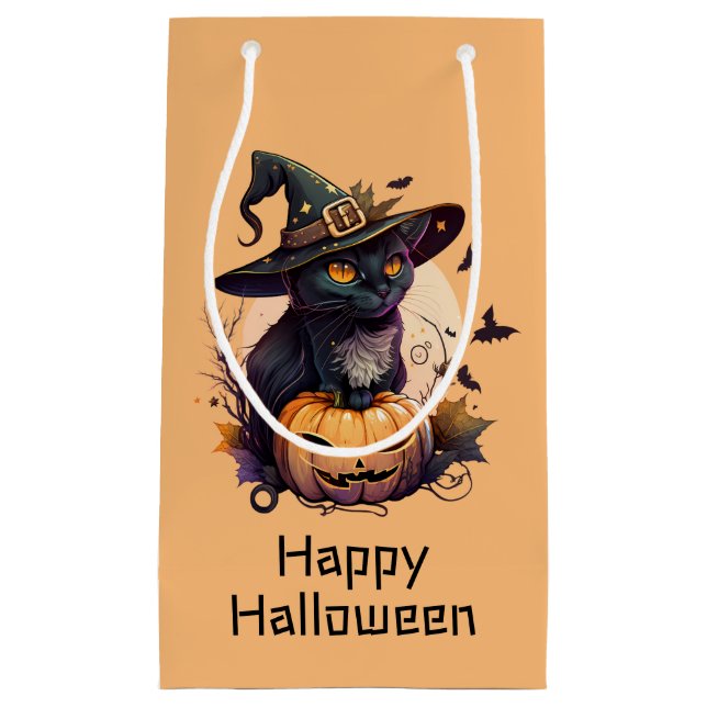 Happy Halloween Black Cat Pumpkin | Light Orange Kleine Geschenktüte (Vorderseite)