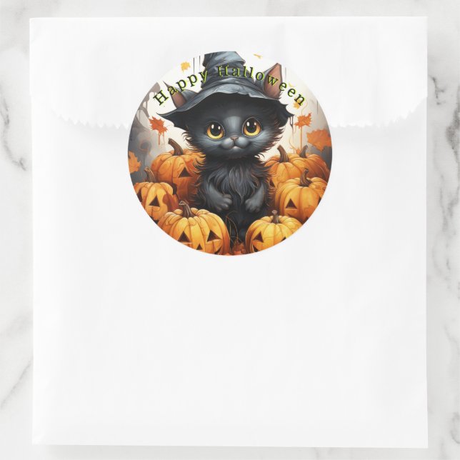 Happy Halloween Black Cat Pumpkins Runder Aufkleber (Tasche)
