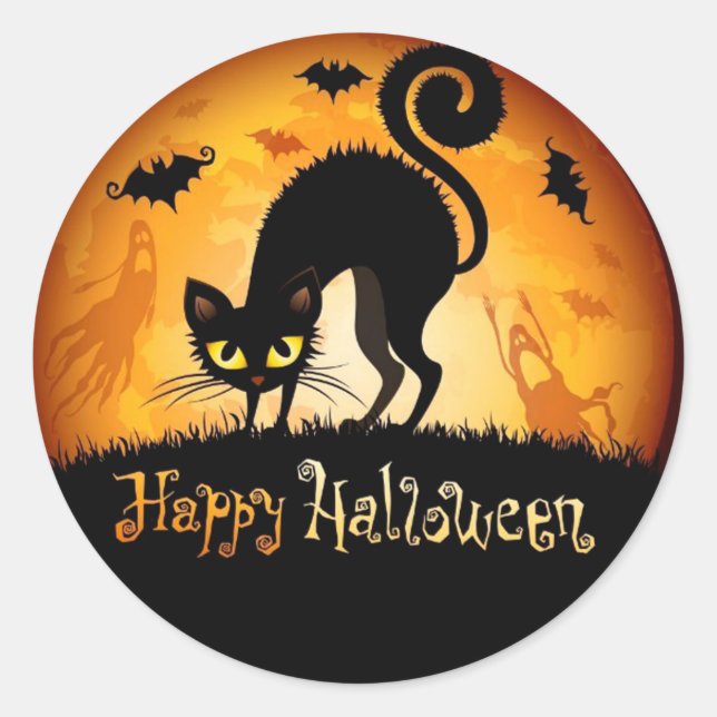 Happy Halloween Black Cat Runder Aufkleber (Vorderseite)