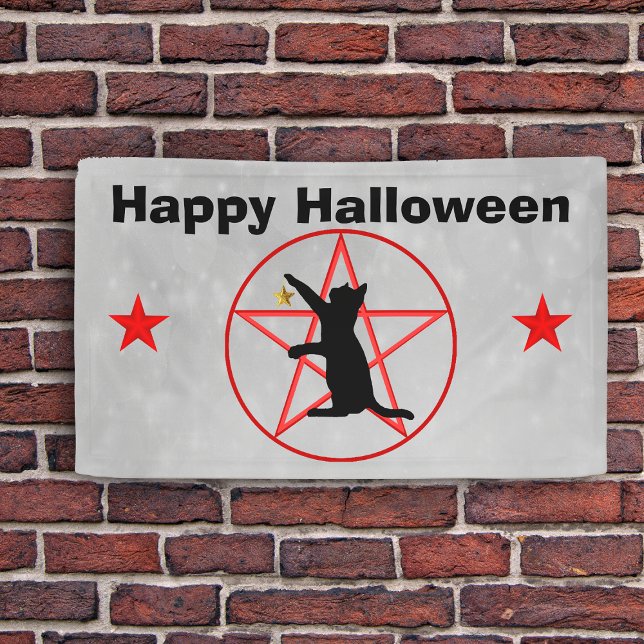 Happy Halloween Black Cat Stars Pentagram Gray Banner (Black cat silhouette on pentagram in circle stars on grey Happy Halloween banner decoration.)