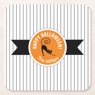 Happy Halloween Black Cat & Stripes ID686 Rechteckiger Pappuntersetzer
