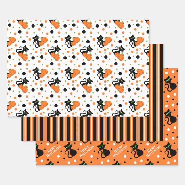 Happy Halloween Black Cat Stripes Punkt Geschenkpapier Set (Set)