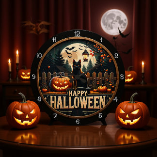 Happy Halloween Black Cat Szene Große Wanduhr