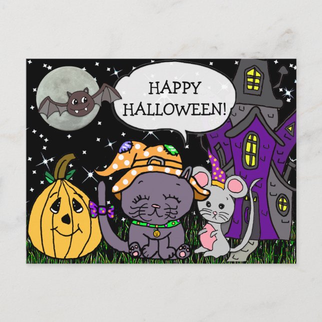 Happy Halloween Black Cat und Maus Niedlich Postkarte (Vorderseite)