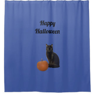 Happy Halloween Black Cat und Orange Pumpkin Blue Duschvorhang