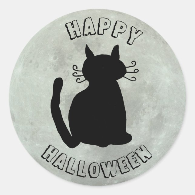 Happy Halloween Black Cat und Vollmond Runder Aufkleber (Vorderseite)