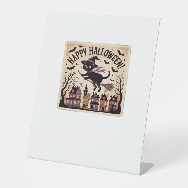 Happy Halloween Black Cat Witch Classic T-Shirt Sockelschild (Vorderseite)