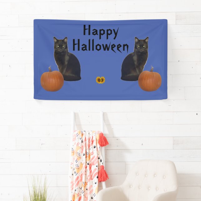 Happy Halloween Black Cats Pumpkins on Blue Banner (Insitu)