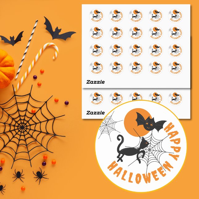 Happy Halloween Black & Orange Round Stickers (Black & Orange Halloween Black Cat Stickers.)
