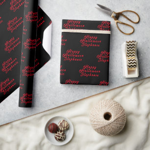 Happy Halloween Black Red Name Modernes Muster Geschenkpapier