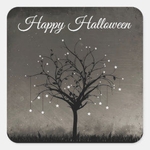Happy Halloween Black Twinkling Star Tree Quadratischer Aufkleber