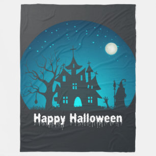 Happy Halloween Blue and Black Spuk House Fleecedecke