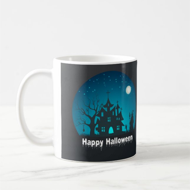 Happy Halloween Blue and Black Spuk House Kaffeetasse (Links)