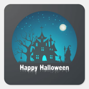 Happy Halloween Blue and Black Spuk House Quadratischer Aufkleber