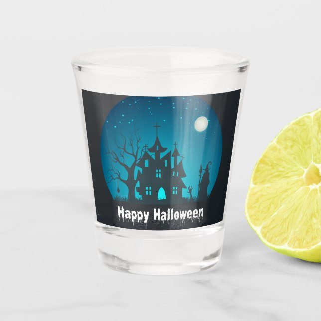 Happy Halloween Blue and Black Spuk House Schnapsglas (Vorderseite)