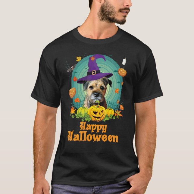 Happy Halloween Border Terrier Dog Pumpkin Hexe G T-Shirt (Vorderseite)