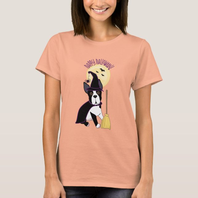 Happy Halloween Boston Terrier Witch T-Shirt (Vorderseite)