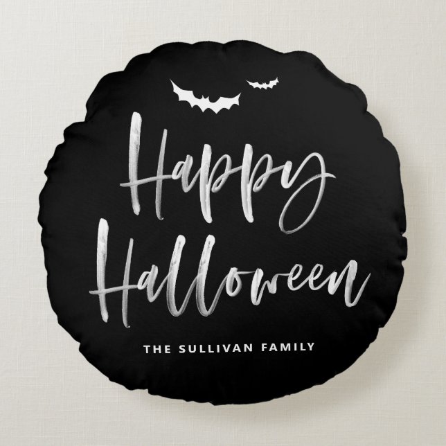 Happy Halloween Brush Lettering Black and White Rundes Kissen (Vorderseite)
